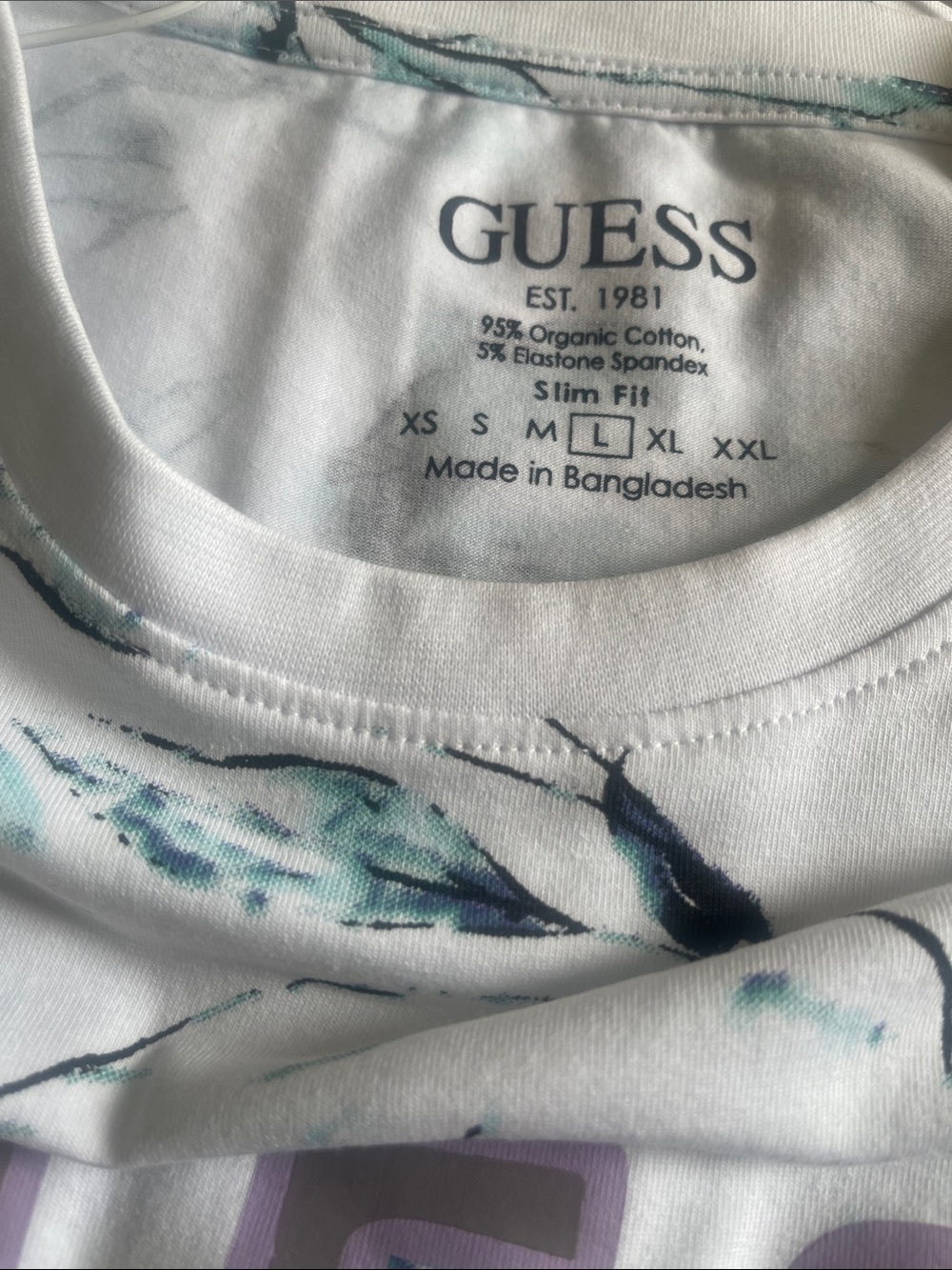 GUESS Men’s White Tee with Blue Floral Print and Lavender Logo - Picture 3 of 3